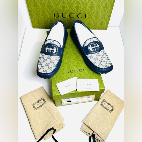 Gucci Interlocking G Driver Loafers Blue Classic Double G Canvas Size 10.5 NEW!